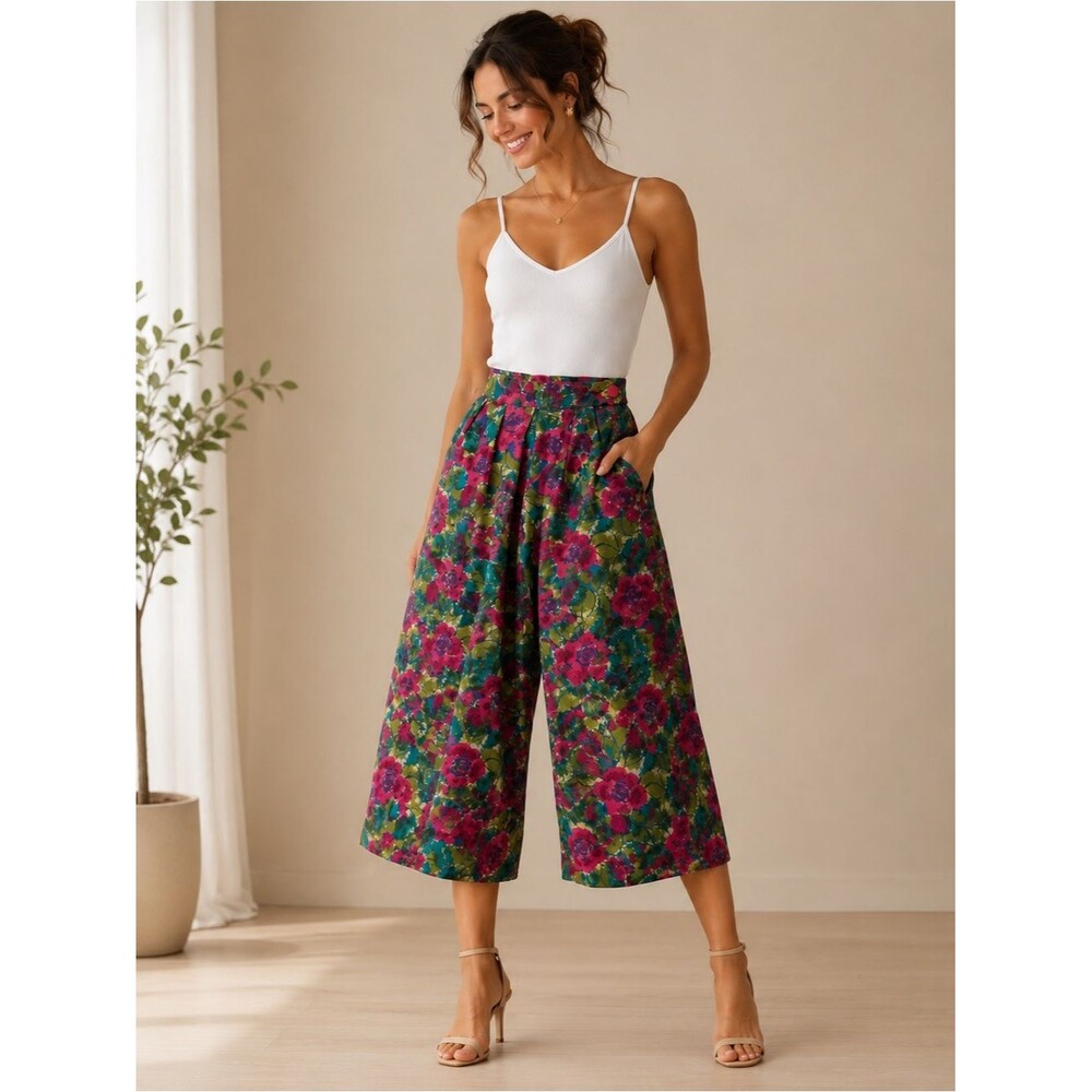 100% Silk Floral Culotte Pants Wide Leg Crop Pink Teal Vintage Style S